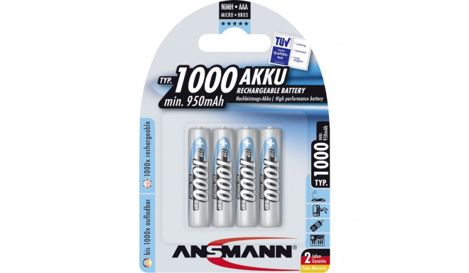 1x4 Ansmann NiMH laetav aku 1000 Micro AAA 950 mAh