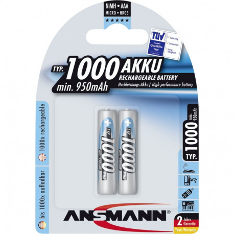 1x2 Ansmann NiMH laetav aku 1000 Micro AAA 950 mAh