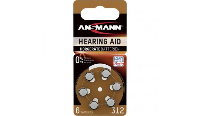 1x6 Ansmann Zinc-Air 312 (PR41) Hearing Aid Batteries