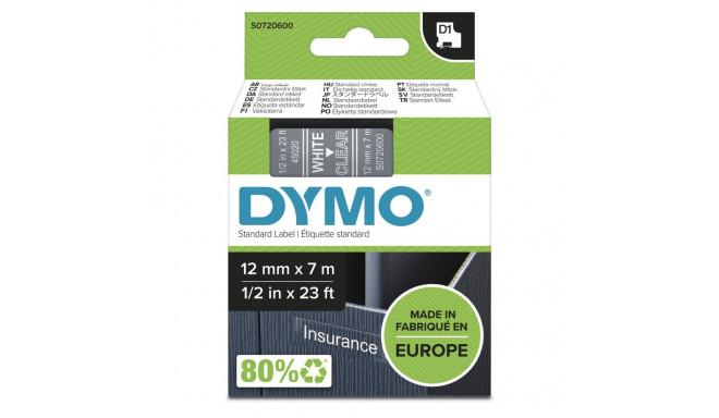 Dymo D1 kirjapael 12 mm x 7 m valge / läbipaistev 45020
