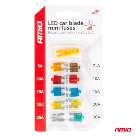 Mini kaitsmete komplekt, 10 osa, led märgutuli, näpitsad