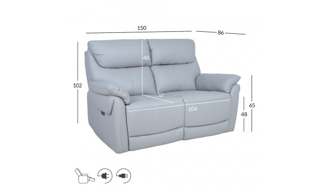 Diivan BOWEN 2-kohaline elektriline recliner 150x86xH102cm, hallikasbeež naturaalne nahk