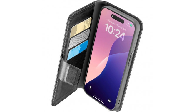 Kaardivahega mobiiliümbris Cellular Line iPhone 16e Wallet Agenda, must