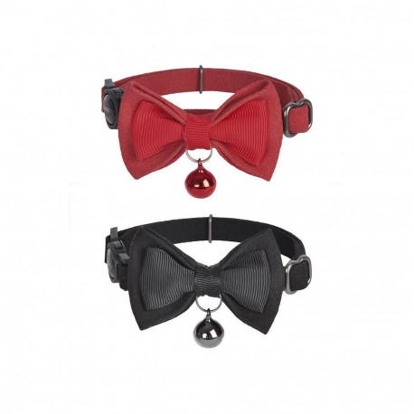 Collar set Dogness for cats 2 pcs (Genuine Leather Red/Fiber Black)