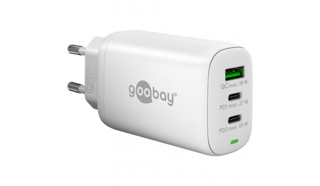 USB laadija 2 x USB-C PD, USB-A QC3.0, 100 - 240V > 5V, 3A, 65W, kiirlaadija, valge