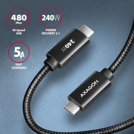 AXAGON BUCM2-CM15AB andme- ja laadimiskaabel USB 480Mbps, 1,5 m, USB-C to USB-C