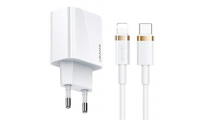 USAMS wall charger 1xUSB-C T34 20W 5V-3A PD3.0 + U63 cable USB-C to Lightning 20W white (T49)