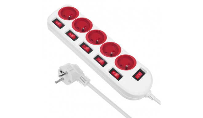 Maclean power strip, 5 socket extension cable, with switches, 250VAC/10A, 1.5m, MCE204 R/W