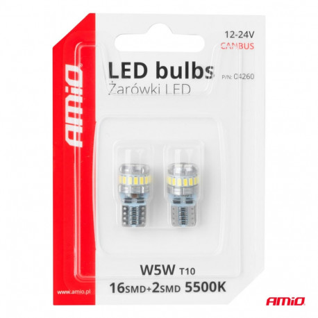 LED 2tk T10 W5W 16+2SMD 12/24V canbus valge