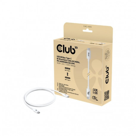 Club 3D USB 80Gbps sertifitseeritud 240W 4K540Hz Type-C 1,2 m/3,94 ft valge kaabel