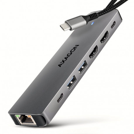Axagon HMC-7HX2 USB 5Gbps jaotur, 2x USB-A, USB-C, 2x HDMI 4k/60Hz, RJ-45, PD 100W
