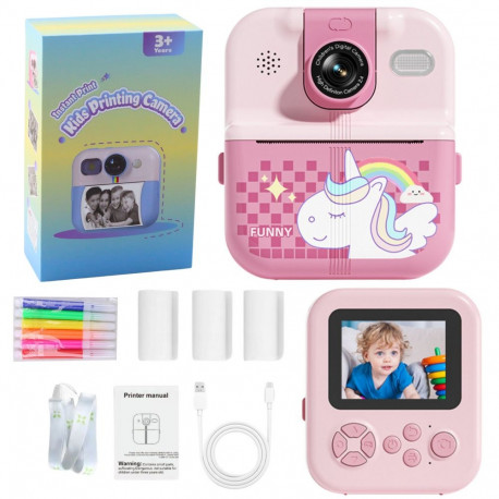 Kiirpildikaamera termoprinteriga, mängud, 3 rulli, roosa üksiksarvik