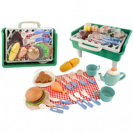 Zestaw Do Grillowania Grill Jedzenie Sztućce Talerzyki Filiżanki