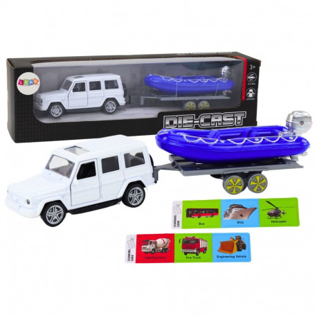 auto haagise ja mootorpaadiga metallist valge sinine