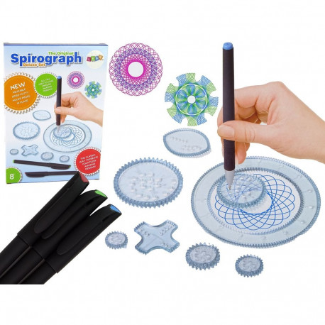 Spirograafi komplekt viltpliiatsite ja geomeetriliste mustrite joonistamise šabloonidega