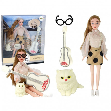 Emily nukk kitarriga prillid pikad blondid juuksed kass
