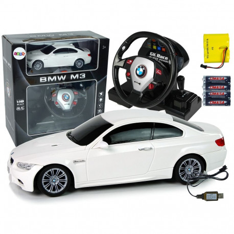 BMW M3 valge kaugjuhitav auto rooliga 1:18 heli tuled