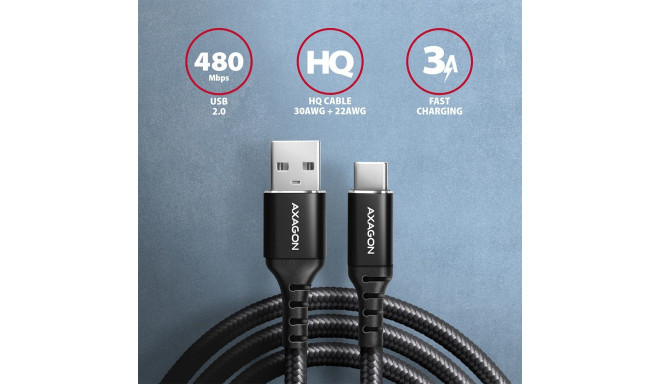 AXAGON andmeside- ja laadimiskaabel USB 2.0, 1 m | BUCM-AM10AB | USB-C USB-A-le