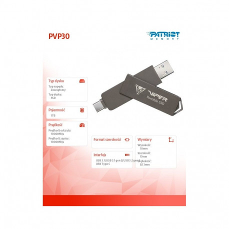 External SSD 1TB PVP30 Duo Compact 1000/1000 MB/s USB 3.2 USB-C