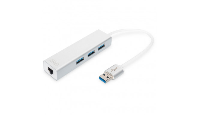 "DIGITUS USB-Hub 3-Port 3.0->3xA3.0 1xLAN integr. Kabel we"