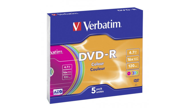 1x5 Verbatim DVD-R 4,7GB värviline 16x kiirus, õhuke karp