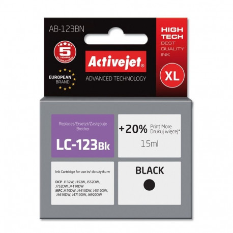 Activejet AB-123BN tindikassett (asendus Brother LC123Bk/LC121Bk; Supreme; 15 ml; must)