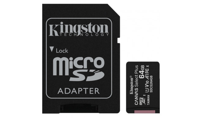 Kingston Technology 64GB micSDXC Canvas Select Plus 100R A1 C10 Card + ADP