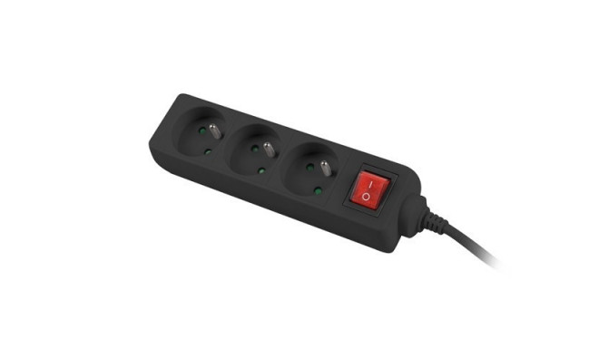 Power strip 3m, black, 3 sockets, with switch, cable made of solid copper