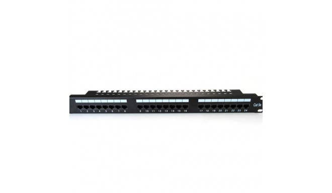 Patch panel 19" 24 porty, kat.5e, U/UTP, 1U, wspornik kablowy, czarny (kompletny)