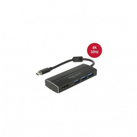 USB 3.2 Gen 1 jaotur USB-C pistik > 3x USB-A pesa + HDMI pesa 15cm, must