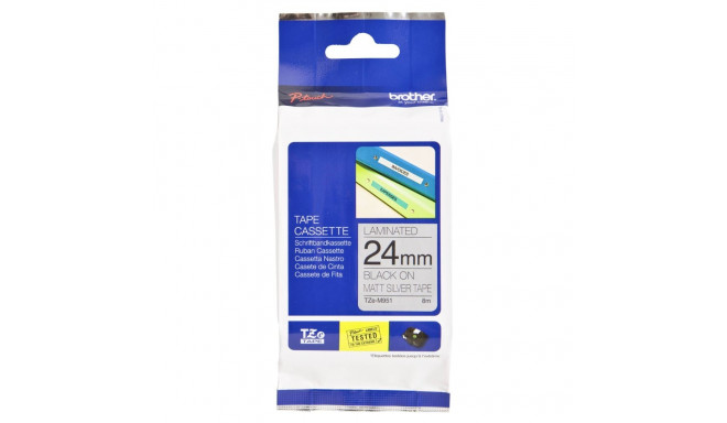 Brother TZe-M951 sildilint, 24 mm x 8 m, must matt hõbedasel taustal