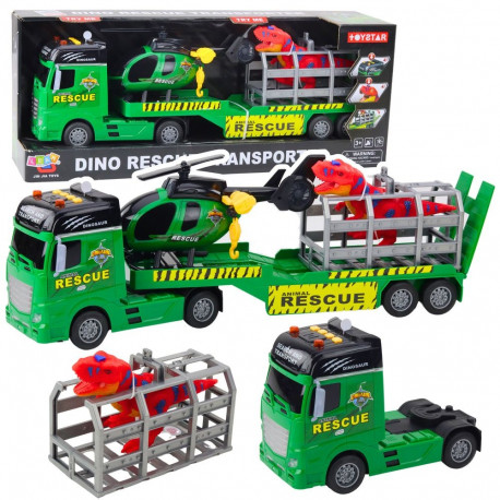 Päästekomplekt veoauto, helikopter, auto, dinosaurus, tuled ja helid