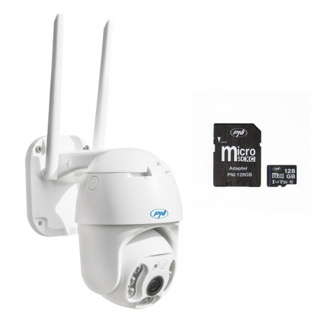 PNI IP65 live PTZ 5MP, GSM 4G video surveillance camera package + 128GB PNI MicroSD memory card with