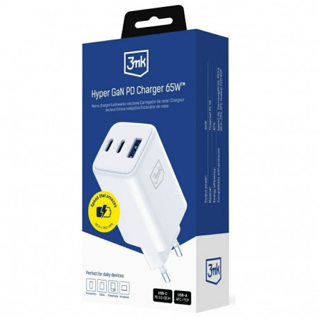 3MK Hyper GaN Charger 65W 1xUSB-A 2xUSB-C PD QC4+ white