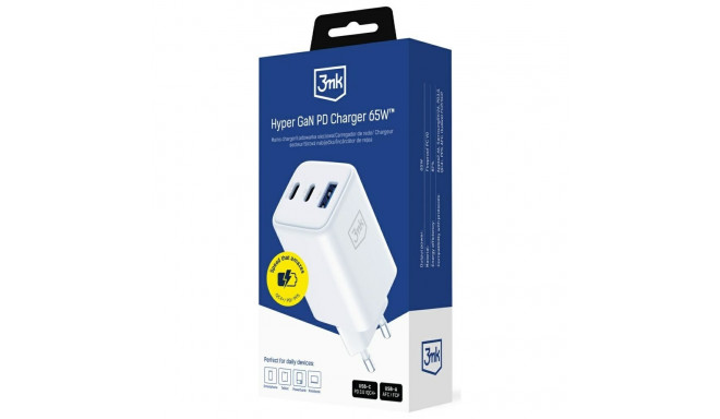 Wall charger 3MK Hyper GaN Charger 65W 1xUSB-A 2xUSB-C PD QC4+ white