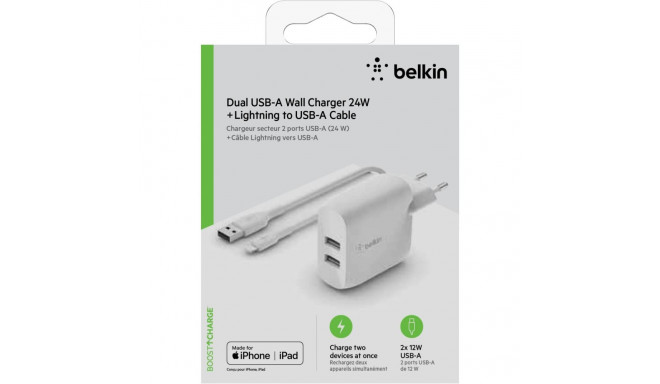 Belkin kahe USB-A laadija, 24W koos Lightning-kaabliga 1m, valge