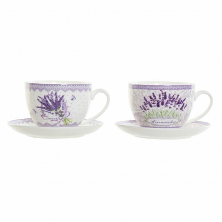 Tase ar šķīvi DKD Home Decor Balts Zaļš Ceriņš Porcelāns 220 ml (2 gb.)