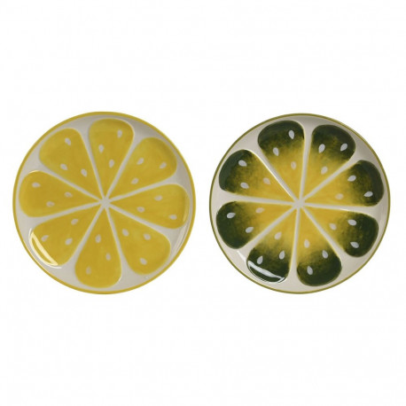 Flat Plate Home ESPRIT Yellow Green Stoneware Lemon 22,5 x 22,5 x 2,5 cm (2 Units)