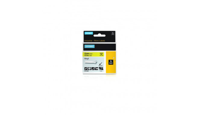 Kleepkirjalint Dymo 12mm, must/kollasel RHINO Tape 18432 Black on Yellow, Coloured Vinyl 5,5m