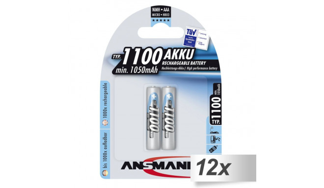 12x2 Ansmann NiMH patarei 1100 Micro AAA 1050 mAh