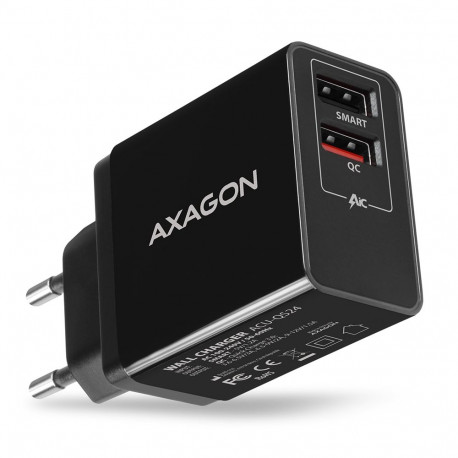 AXAGON ACU-QS24 laadija 2x USB-A QC3.0/Smart 5V 1 2A 24W must