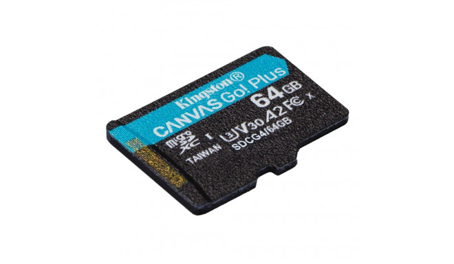 Kingston Technology 64GB microSDXC Canvas Go Plus Gen4 200MB/s A2 U3 V30 kaart + adapter