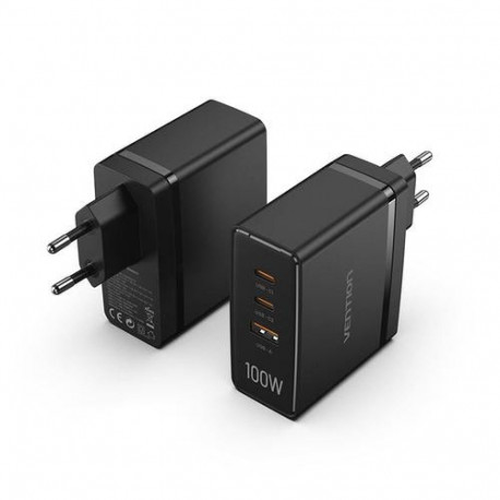 Vention 3-Port USB (C+C+A) GaN Charger (100W/100W/30W) EU-Plug Black
