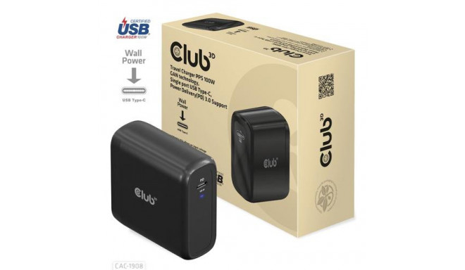 CLUB3D Travel Charger 100 Watt GAN technology, USB-IF TID certified, Single port USB Type-C, Power D