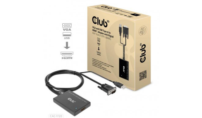 CLUB3D VGA and USB Type-A to HDMI Adapter with Pigtail M/F 0.6m/1.97ft 28AWG