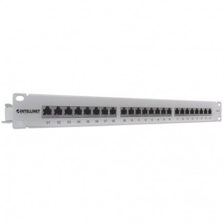 Intellinet Patch Panel, Cat6, FTP, 24-Port, 1U, Shielded, 90° Top-Entry Punch-Down Blocks, Grey