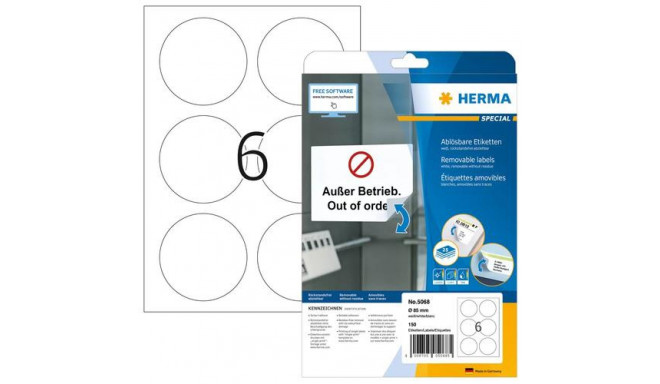 HERMA Removable labels A4 Ø 85 mm round white Movables/removable paper matt 150 pcs.