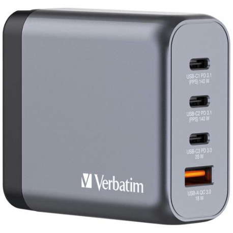 Verbatim GNC-140 GaN Charger 140W with 2 x USB-C PD 140W / 1 x USB-C PD 20W / 1 x USB-A QC 3.0 (EU/U