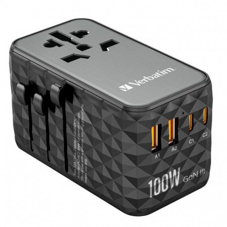 Verbatim UTA-06 100W GaN III Universal Travel Adapter with 2 x USB-C PD &amp; QC 4+ &amp; 2 