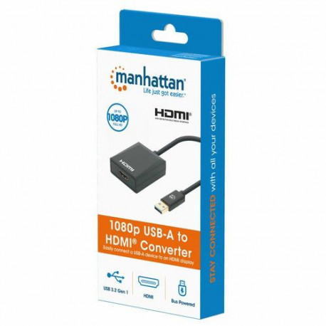 Manhattan USB-A to HDMI Cable, 1080p@60Hz, Converts USB 3.2 Gen1 (aka USB 3.0) signal to HDMI, 15cm,